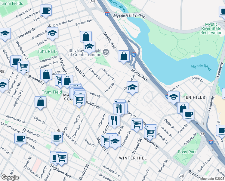 map of restaurants, bars, coffee shops, grocery stores, and more near 25 Fremont Street in Somerville