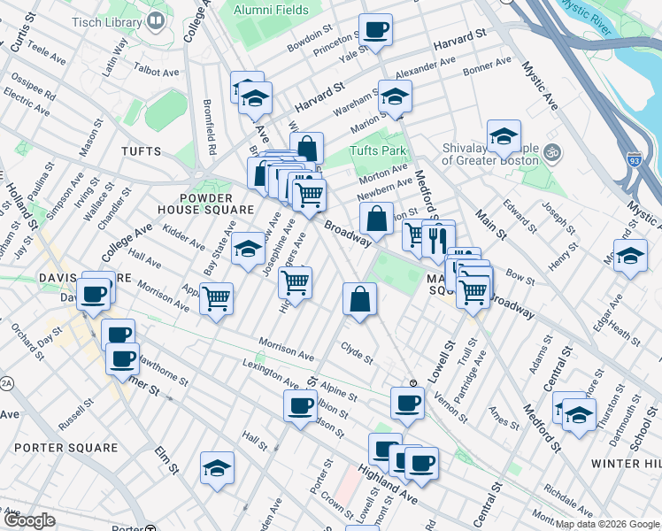 map of restaurants, bars, coffee shops, grocery stores, and more near 90 Prichard Avenue in Somerville
