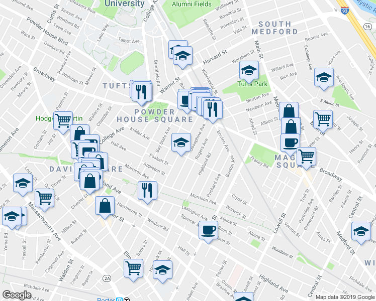 map of restaurants, bars, coffee shops, grocery stores, and more near 65 Josephine Avenue in Somerville