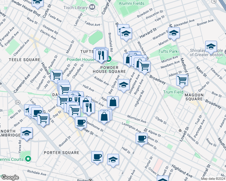 map of restaurants, bars, coffee shops, grocery stores, and more near 91 Bay State Avenue in Somerville