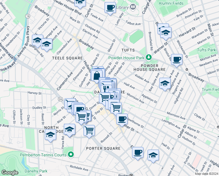 map of restaurants, bars, coffee shops, grocery stores, and more near in Somerville