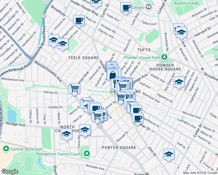 map of restaurants, bars, coffee shops, grocery stores, and more near 40 Holland Street in Somerville