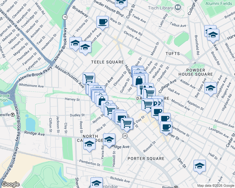 map of restaurants, bars, coffee shops, grocery stores, and more near 43 Campbell Park Place in Somerville