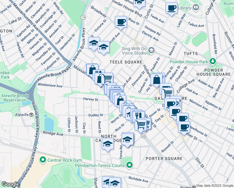 map of restaurants, bars, coffee shops, grocery stores, and more near 7 Cameron Avenue in Cambridge