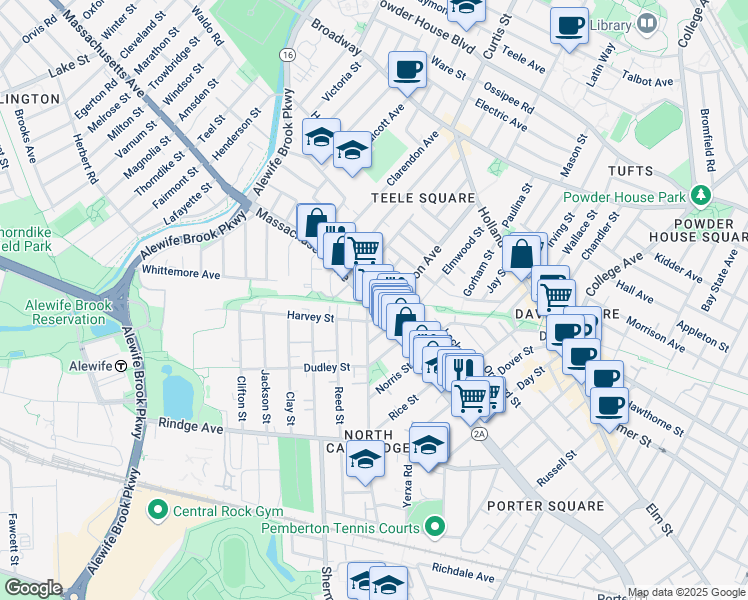 map of restaurants, bars, coffee shops, grocery stores, and more near 7 Cameron Avenue in Cambridge