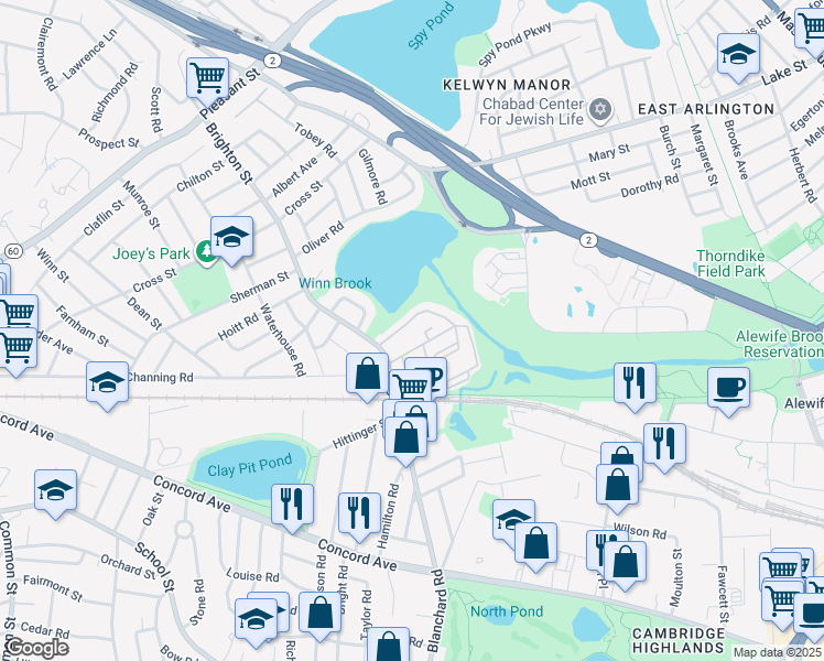 map of restaurants, bars, coffee shops, grocery stores, and more near 14-20 Hill Road in Belmont