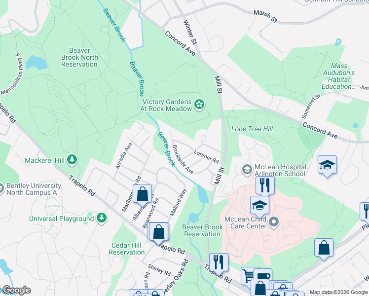 map of restaurants, bars, coffee shops, grocery stores, and more near 22 Vernon Road in Belmont