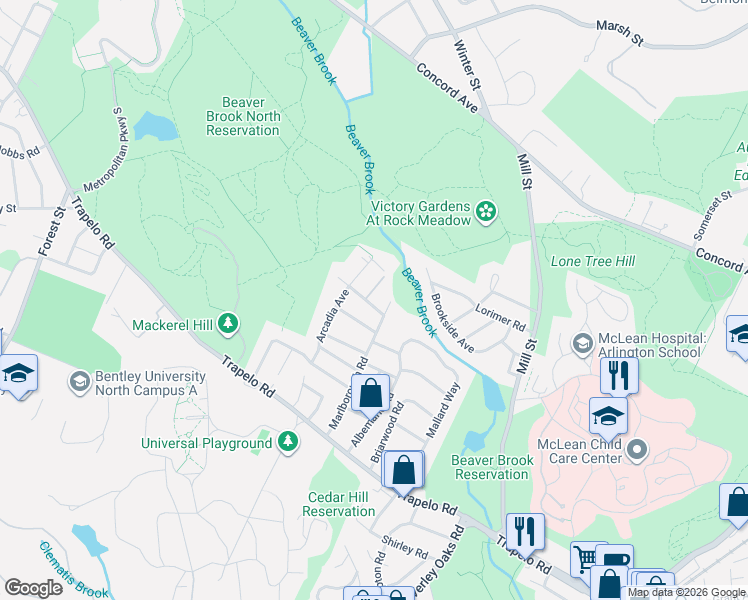 map of restaurants, bars, coffee shops, grocery stores, and more near 12 Royal Street in Waltham