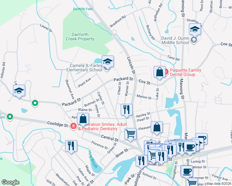 map of restaurants, bars, coffee shops, grocery stores, and more near 24 O'Neil Street in Hudson