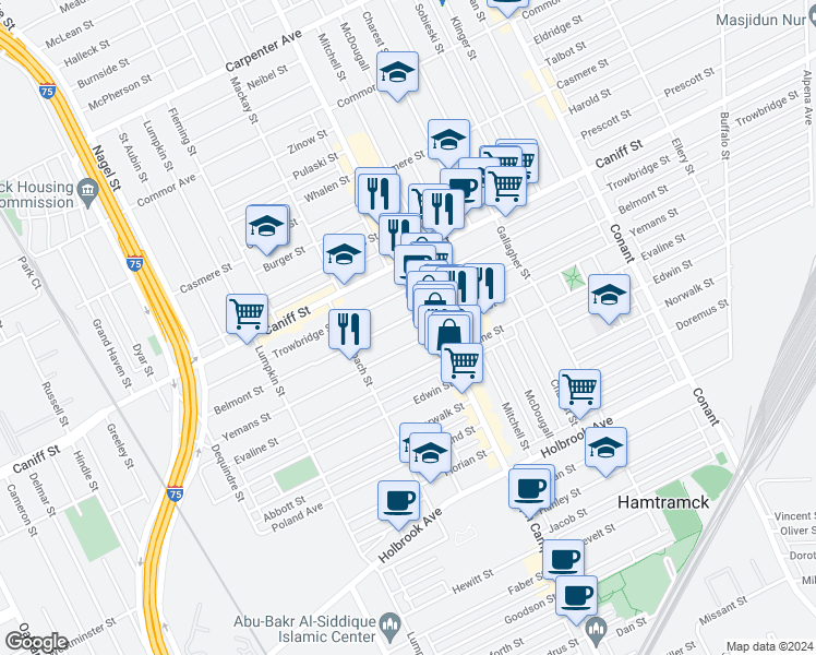 map of restaurants, bars, coffee shops, grocery stores, and more near 2715 Yemans Street in Hamtramck