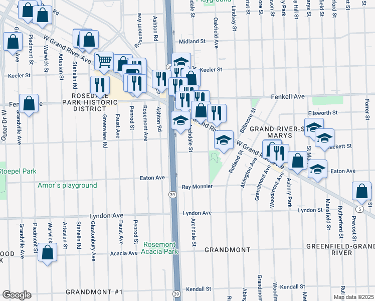 map of restaurants, bars, coffee shops, grocery stores, and more near 14733 Archdale Street in Detroit