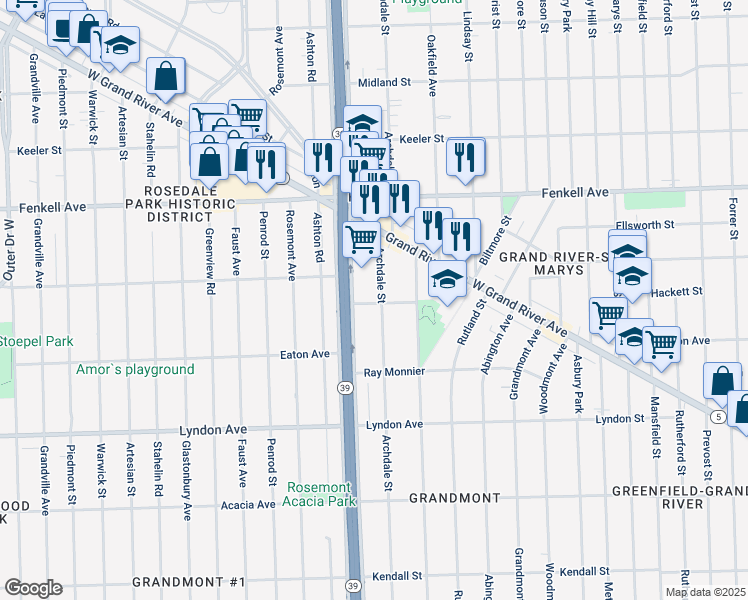 map of restaurants, bars, coffee shops, grocery stores, and more near 14733 Archdale Street in Detroit