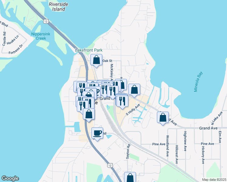 map of restaurants, bars, coffee shops, grocery stores, and more near 36 Grand Avenue in Fox Lake