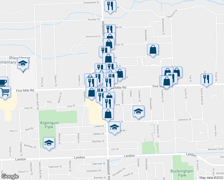 map of restaurants, bars, coffee shops, grocery stores, and more near 29215 5 Mile Road in Livonia