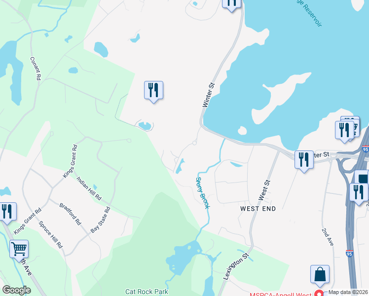 map of restaurants, bars, coffee shops, grocery stores, and more near Gatehouse Drive in Waltham
