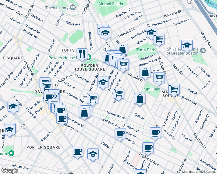 map of restaurants, bars, coffee shops, grocery stores, and more near 65 Josephine Avenue in Somerville