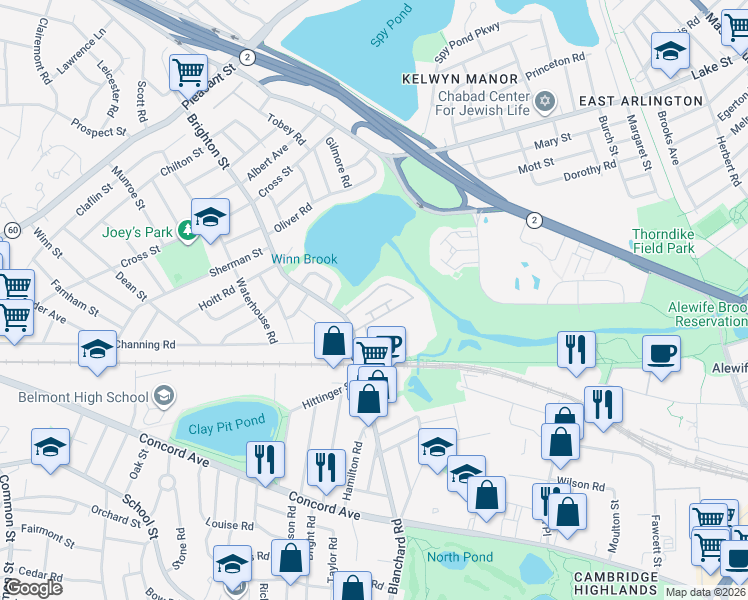 map of restaurants, bars, coffee shops, grocery stores, and more near 14-20 Hill Road in Belmont
