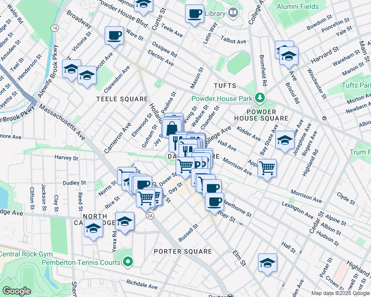 map of restaurants, bars, coffee shops, grocery stores, and more near 17 Winter Street in Somerville