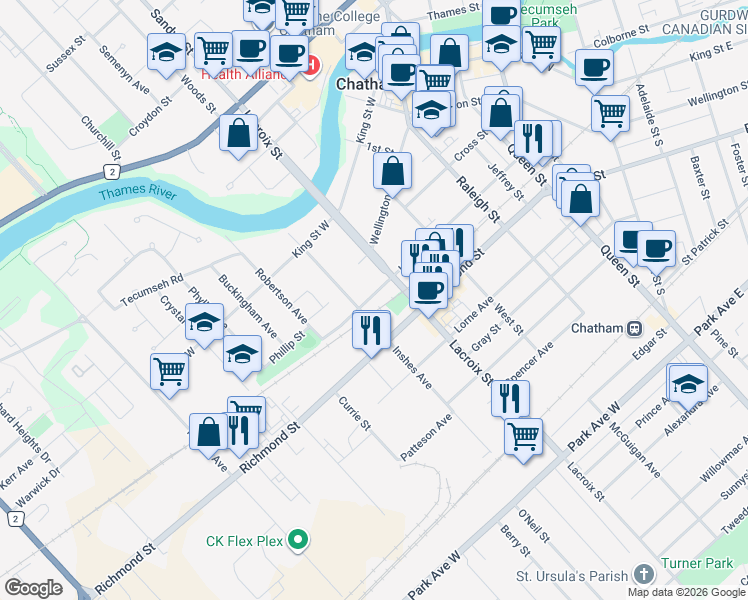 map of restaurants, bars, coffee shops, grocery stores, and more near 130 Inshes Avenue in Chatham