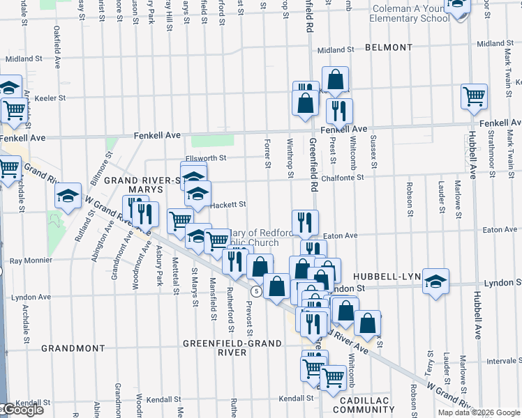 map of restaurants, bars, coffee shops, grocery stores, and more near 14855 Forrer Street in Detroit