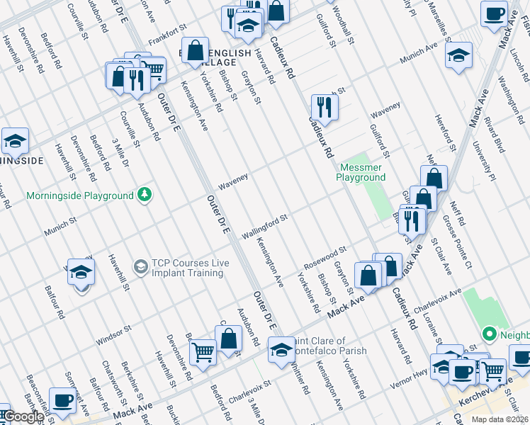 map of restaurants, bars, coffee shops, grocery stores, and more near 4114 Kensington Avenue in Detroit