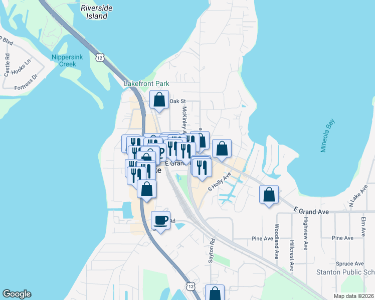 map of restaurants, bars, coffee shops, grocery stores, and more near 45 Ernest Avenue in Fox Lake