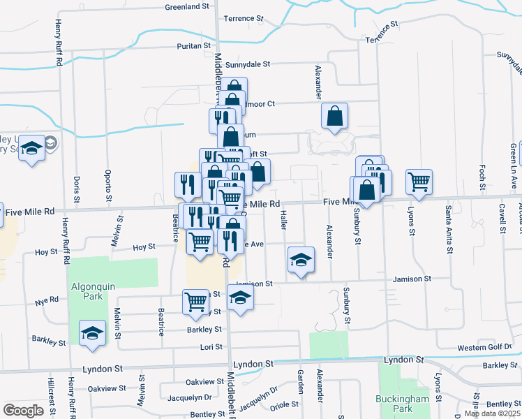 map of restaurants, bars, coffee shops, grocery stores, and more near 15177 Paderewski in Livonia