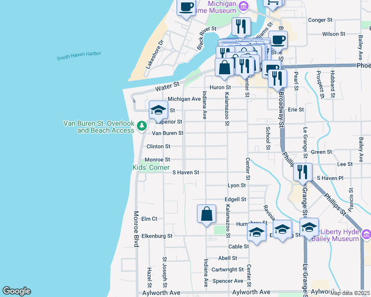map of restaurants, bars, coffee shops, grocery stores, and more near 125 Monroe Street in South Haven