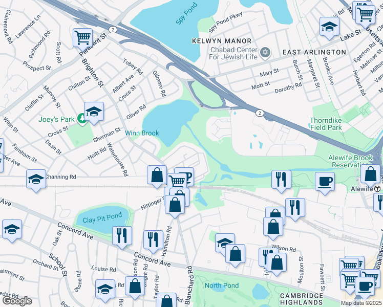 map of restaurants, bars, coffee shops, grocery stores, and more near 49 Hill Road in Belmont