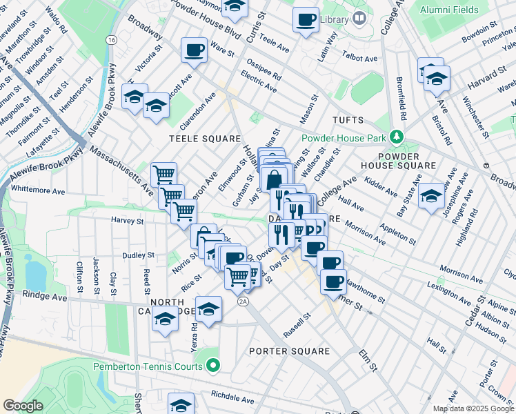 map of restaurants, bars, coffee shops, grocery stores, and more near P3 Howard Street in Somerville