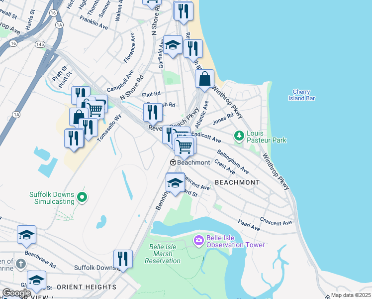 map of restaurants, bars, coffee shops, grocery stores, and more near 630 Winthrop Avenue in Revere