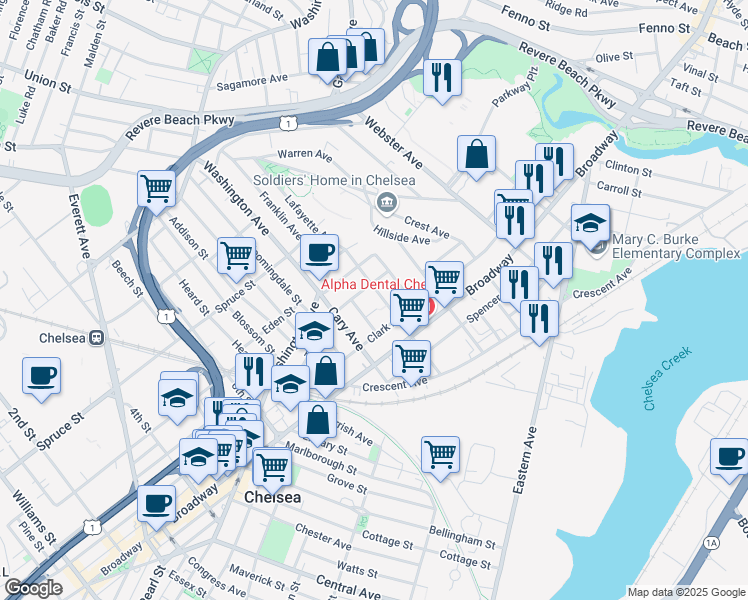 map of restaurants, bars, coffee shops, grocery stores, and more near 55 Parker Street in Chelsea