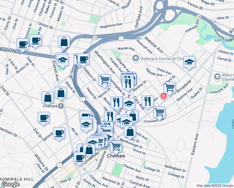 map of restaurants, bars, coffee shops, grocery stores, and more near 38 Eden Street in Chelsea