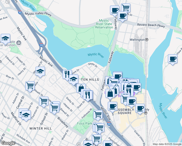 map of restaurants, bars, coffee shops, grocery stores, and more near in Somerville