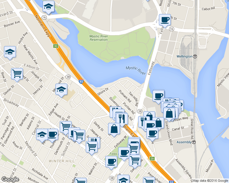 map of restaurants, bars, coffee shops, grocery stores, and more near 75 Puritan Road in Somerville