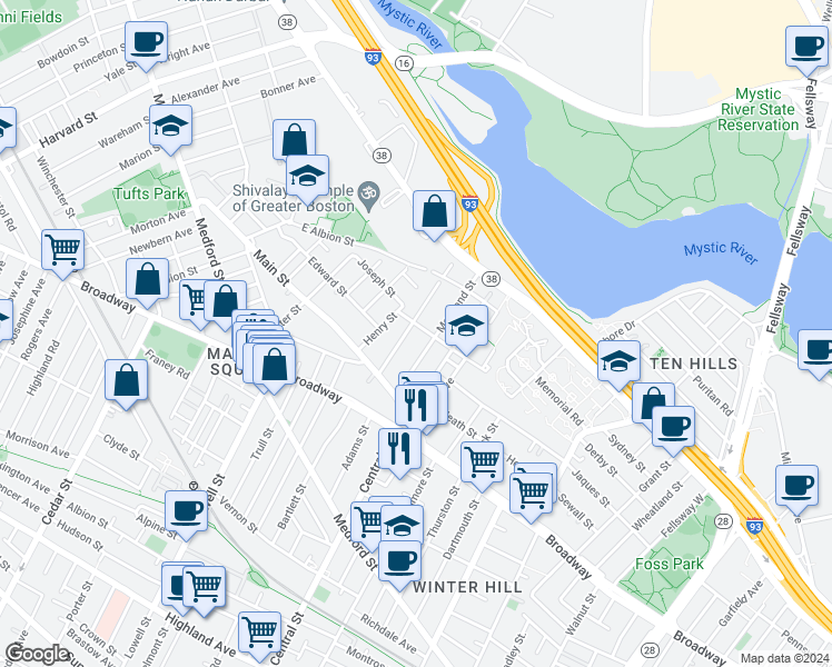 map of restaurants, bars, coffee shops, grocery stores, and more near 25 Fremont Street in Somerville