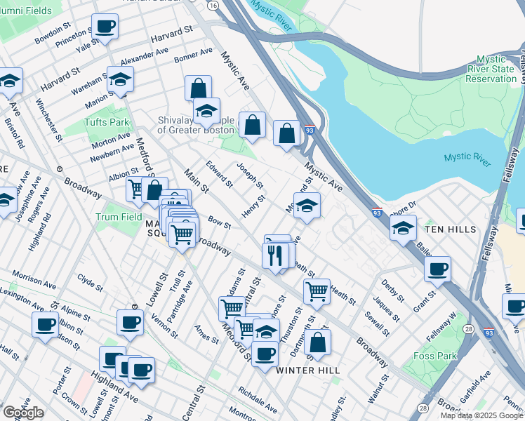 map of restaurants, bars, coffee shops, grocery stores, and more near 25 Fremont Street in Somerville