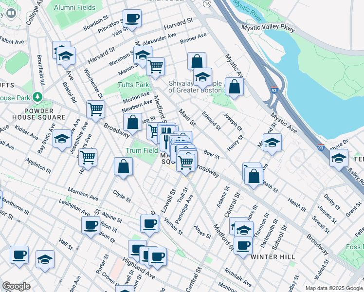 map of restaurants, bars, coffee shops, grocery stores, and more near in Somerville