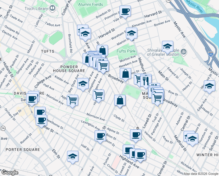 map of restaurants, bars, coffee shops, grocery stores, and more near 90 Prichard Avenue in Somerville