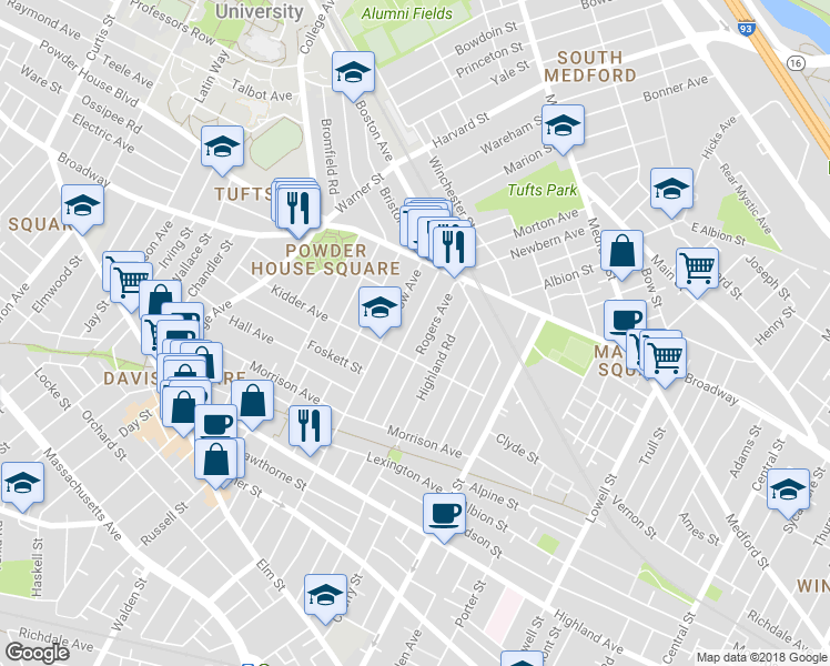 map of restaurants, bars, coffee shops, grocery stores, and more near 65 Josephine Avenue in Somerville