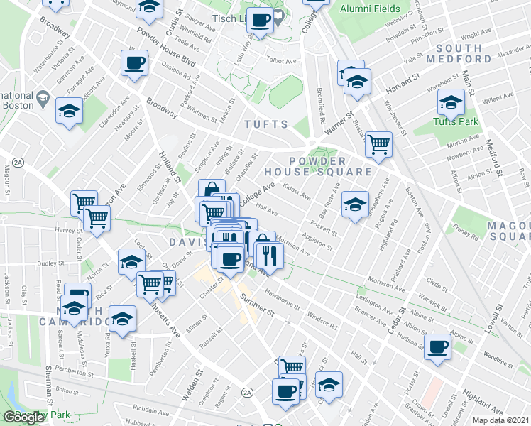 map of restaurants, bars, coffee shops, grocery stores, and more near in Somerville