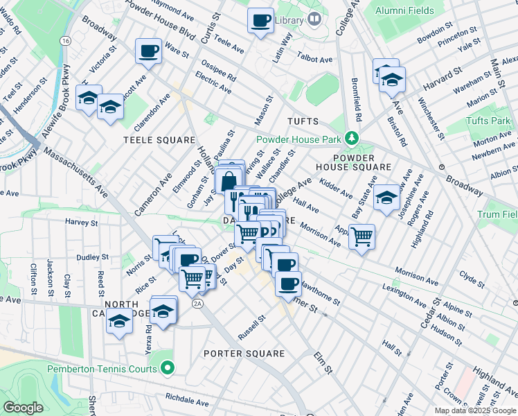 map of restaurants, bars, coffee shops, grocery stores, and more near in Somerville