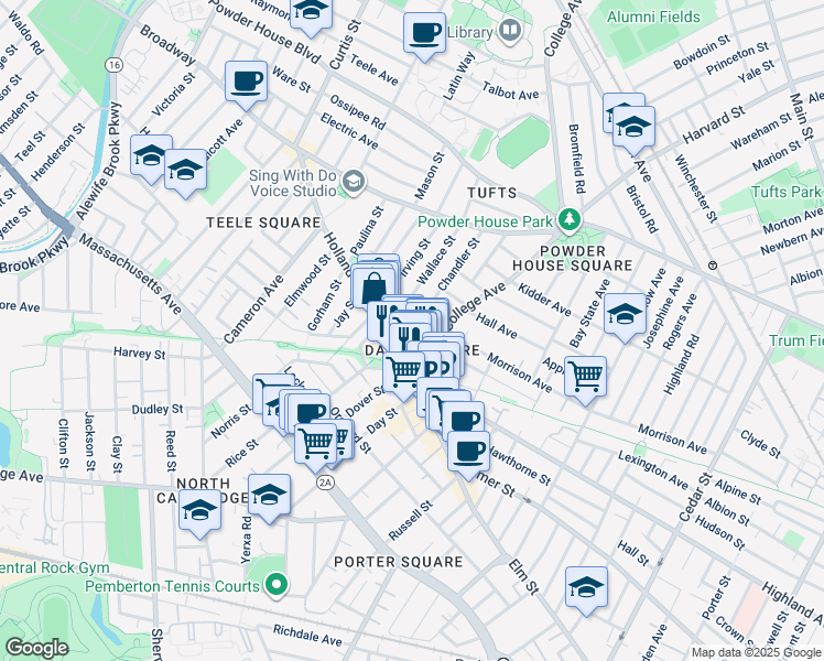 map of restaurants, bars, coffee shops, grocery stores, and more near in Somerville