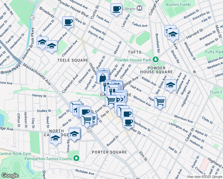 map of restaurants, bars, coffee shops, grocery stores, and more near in Somerville