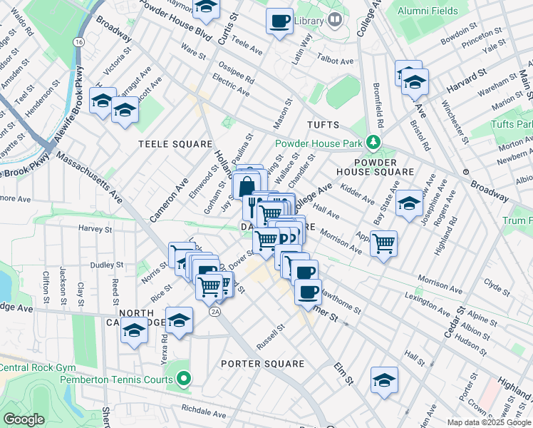 map of restaurants, bars, coffee shops, grocery stores, and more near in Somerville