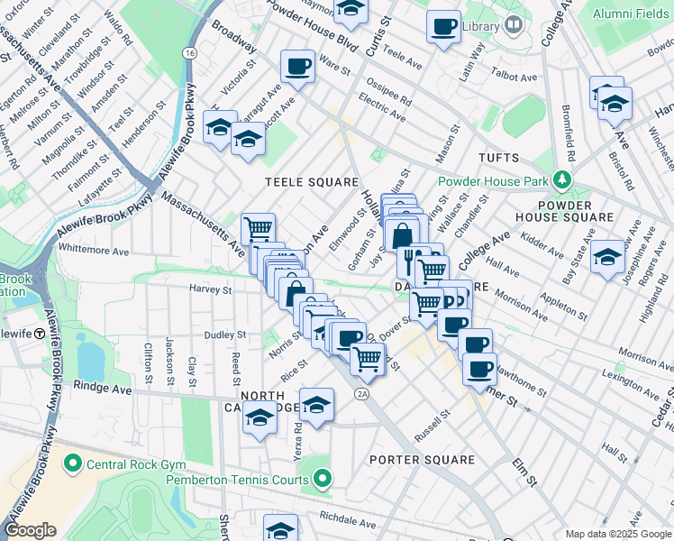 map of restaurants, bars, coffee shops, grocery stores, and more near 43 Campbell Park Place in Somerville