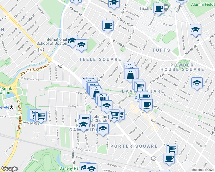 map of restaurants, bars, coffee shops, grocery stores, and more near 43 Campbell Park Place in Somerville