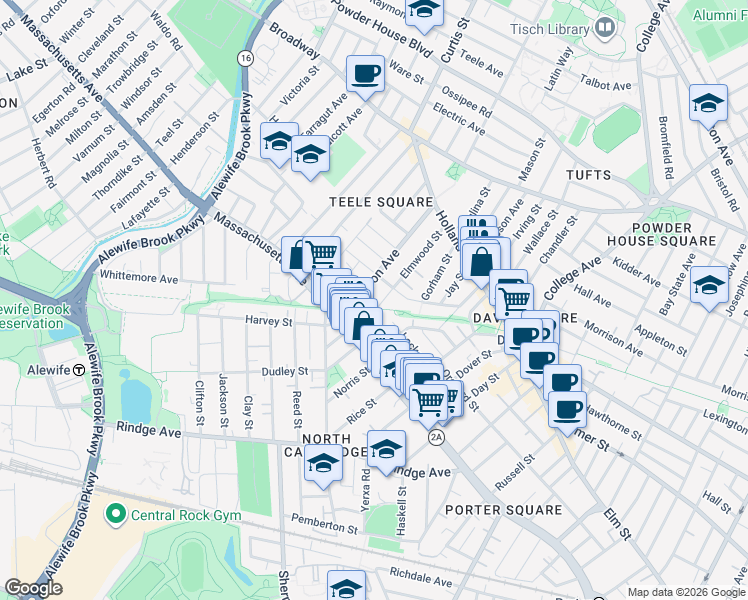 map of restaurants, bars, coffee shops, grocery stores, and more near 51 Locke Street in Cambridge