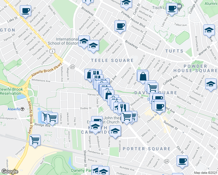 map of restaurants, bars, coffee shops, grocery stores, and more near 51 Locke Street in Cambridge