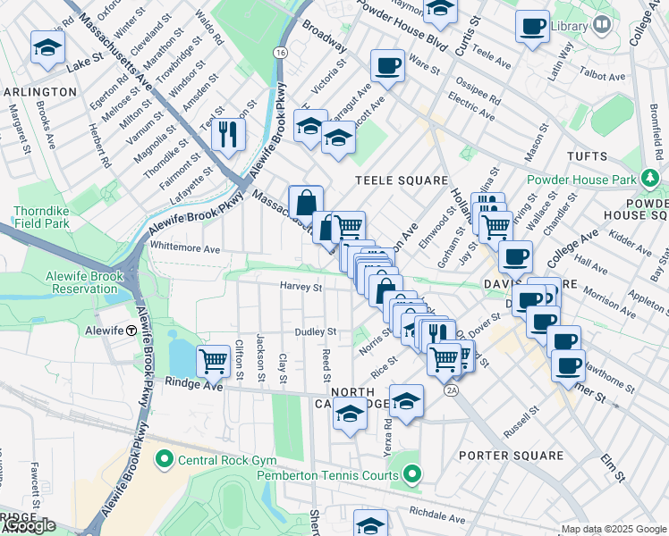 map of restaurants, bars, coffee shops, grocery stores, and more near 35 Harvey Street in Cambridge